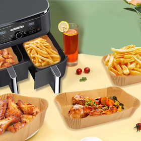 Palksky air fryer paper rectangular stack demonstrates disposable liners for quick cleanup after cooking
