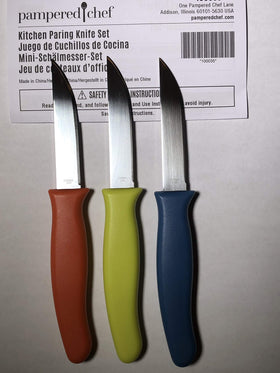 Close-up of Pampered Chef paring knife blade highlighting sharp edge for clean cuts