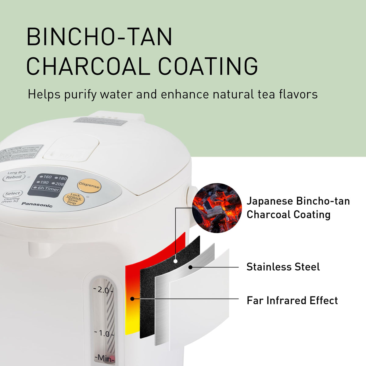 Bincho-tan charcoal coating interior promotes flavor extraction in tea