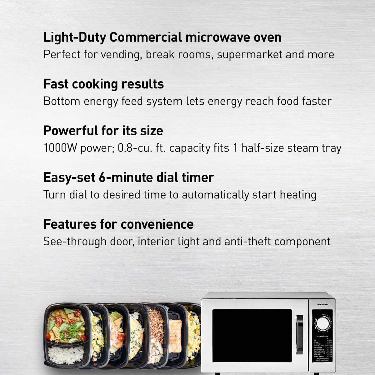 Panasonic NE-1025F interior light visible inside the compact microwave for quick checks.