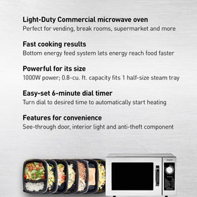 Panasonic NE-1025F interior light visible inside the compact microwave for quick checks.