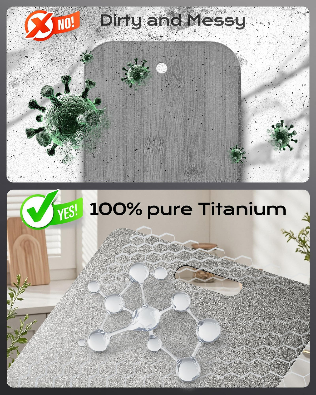 Panbemer Titanium Cutting Board with non-porous surface reduces residue.