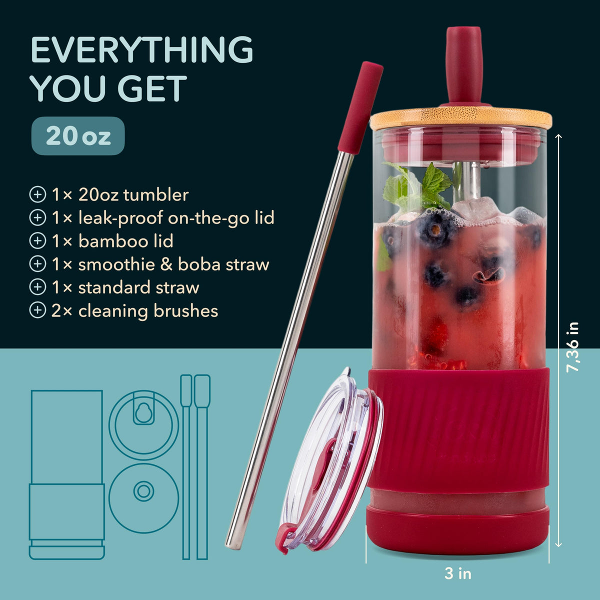 Pandaloo 20oz glass tumbler with leakproof lid ideal for iced coffee on the go.
