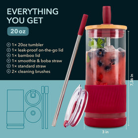 Pandaloo 20oz glass tumbler with leakproof lid ideal for iced coffee on the go.