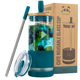 Pandaloo 20oz iced coffee glass cup with lid and straw for everyday use.