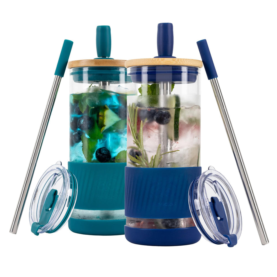 Pandaloo 20oz teal glass cup with lids and straws for iced drinks