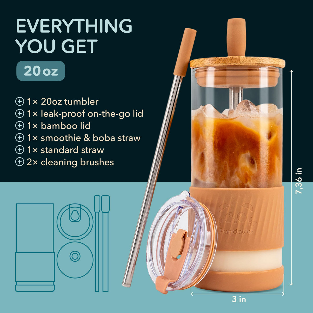 Pandaloo bamboo lid closeup on glass cup, stylish and reusable.
