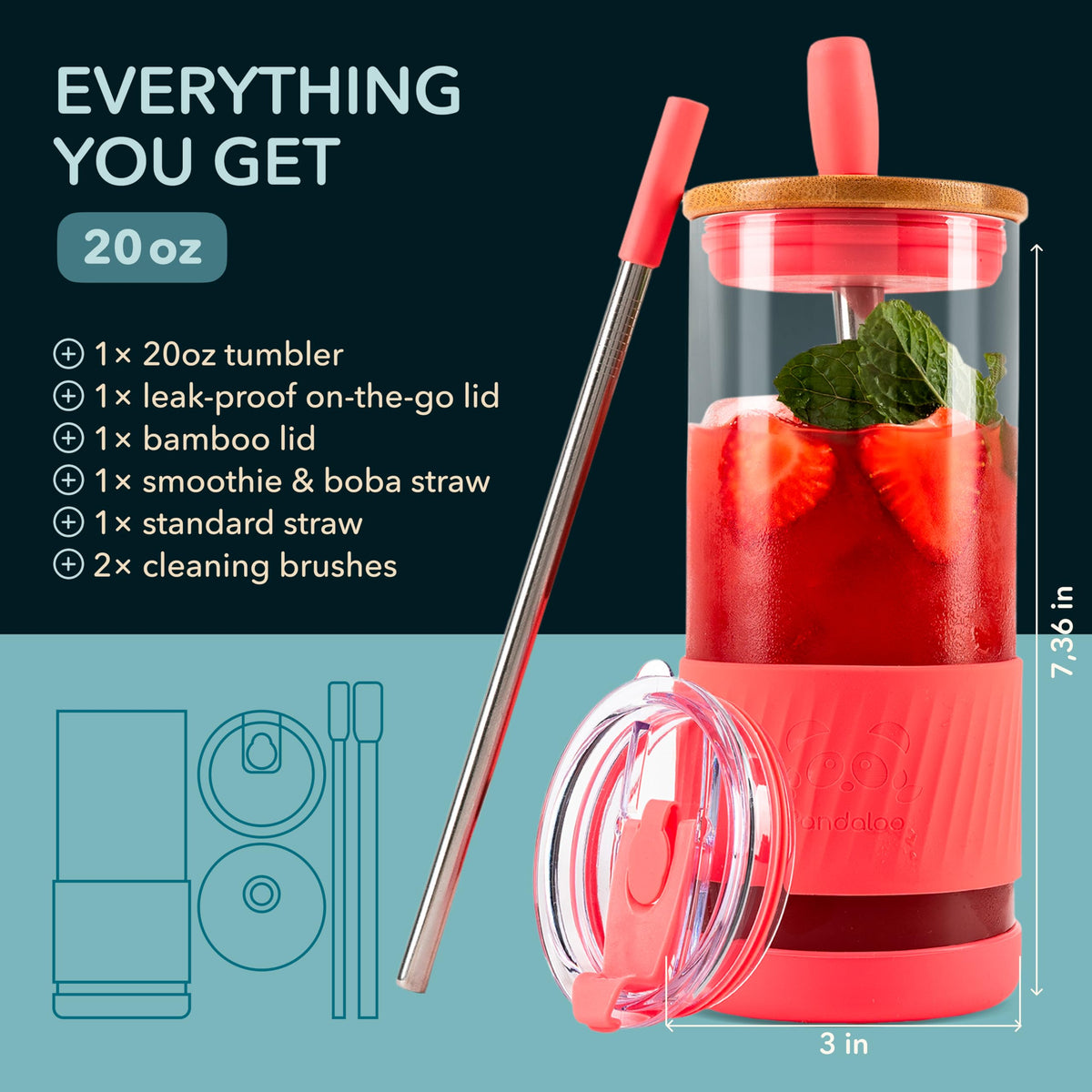 Pandaloo bamboo lid glass tumbler showcases stylish indoor use and easy maintenance.