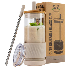 Pandaloo glass cup 20oz cream mushroom with lids and straws for iced coffee and smoothies