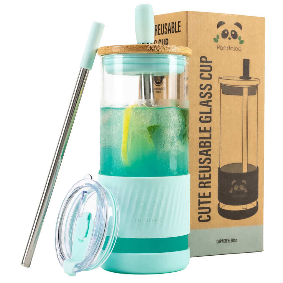 Pandaloo glass cup with lids and straws, 20oz for iced coffee and on-the-go beverages