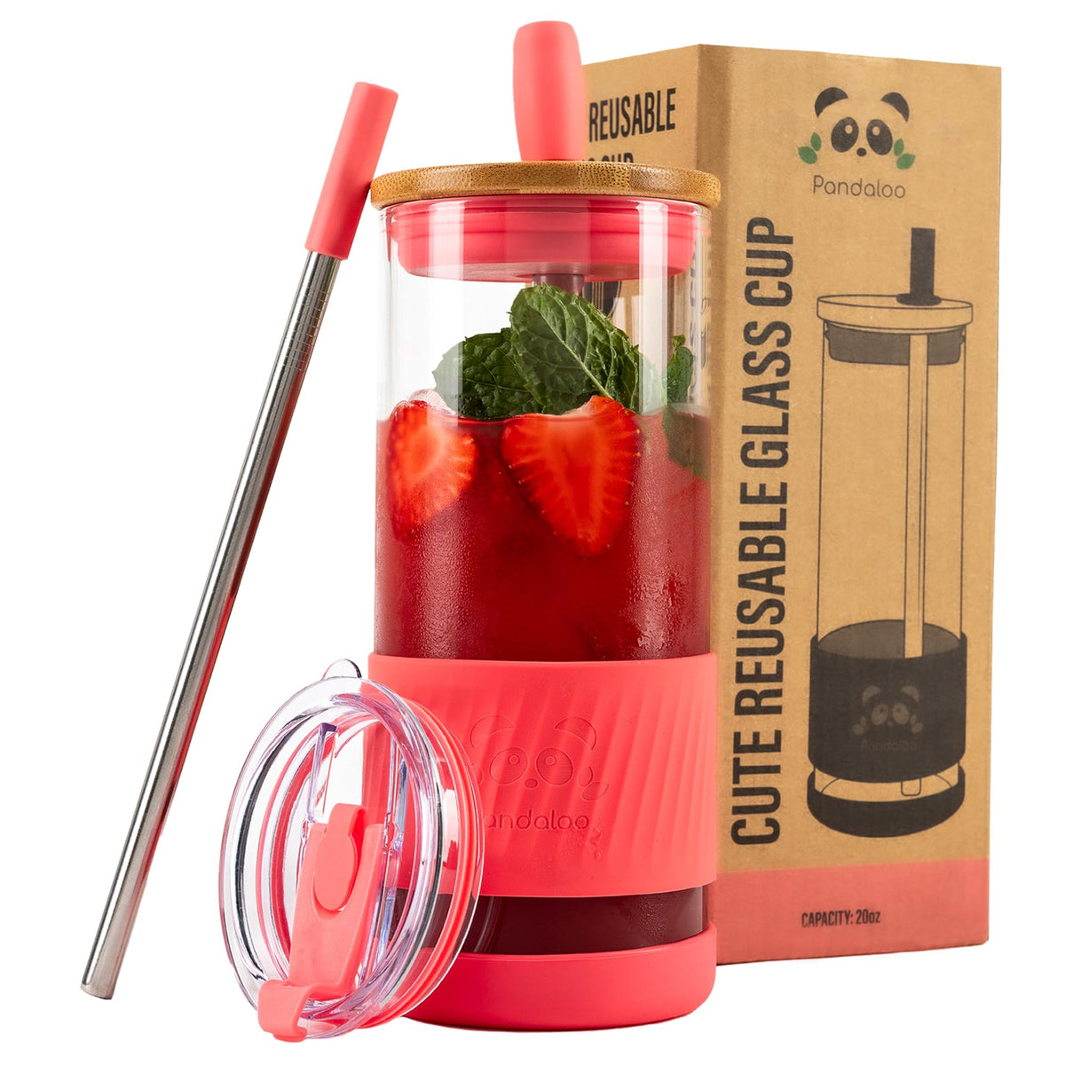 Pandaloo glass cup with lids and straws ideal for iced coffee and on-the-go hydration.