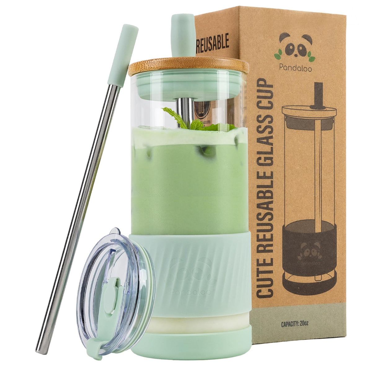 Pandaloo glass cup with lids and straws, 20 oz, ideal for iced coffee