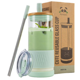 Pandaloo glass cup with lids and straws, 20 oz, ideal for iced coffee