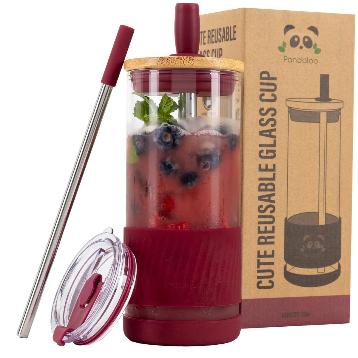 Pandaloo glass cup with lids and straw in boysenberry color for stylish beverages.