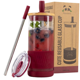 Pandaloo glass cup with lids and straw in boysenberry color for stylish beverages.