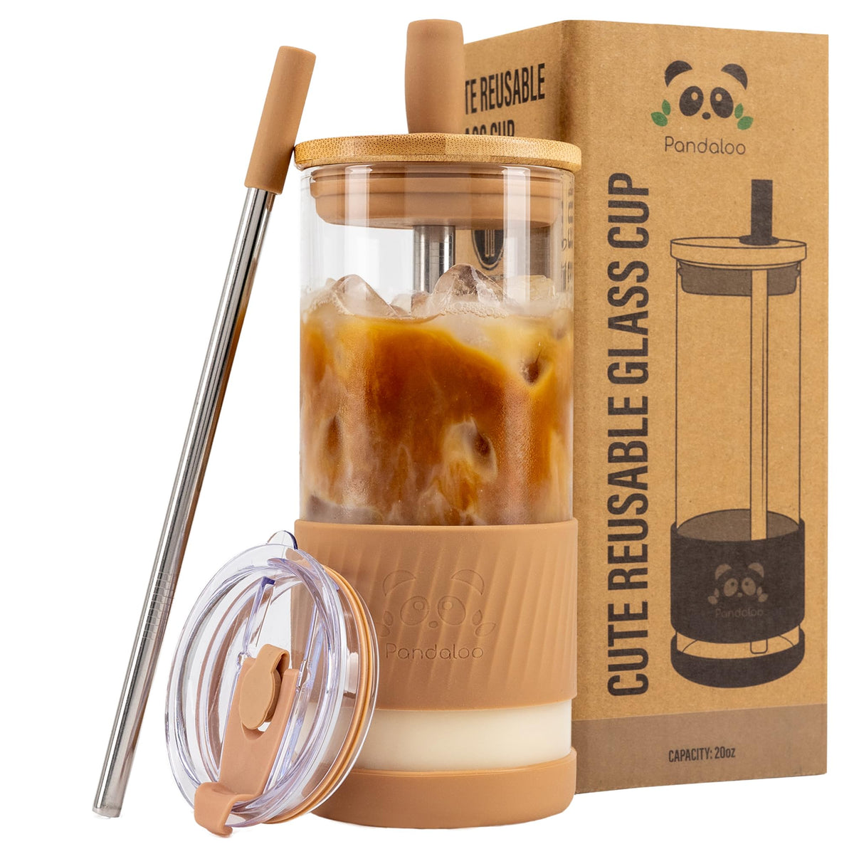 Pandaloo glass cup with lids and straws 20oz, amber sand, ideal for iced coffee.