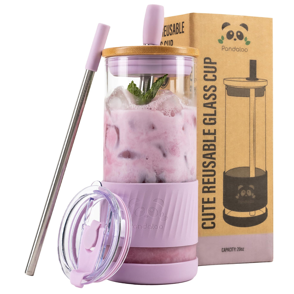 Pandaloo glass cup with lids and straws for on the go iced coffee and stylish daily use