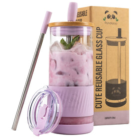 Pandaloo glass cup with lids and straws for on the go iced coffee and stylish daily use