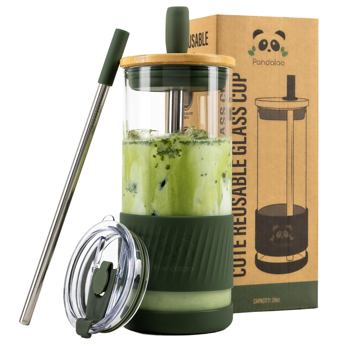 Pandaloo glass cups with bamboo lid for durable iced coffee on the go.