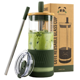 Pandaloo glass cups with bamboo lid for durable iced coffee on the go.