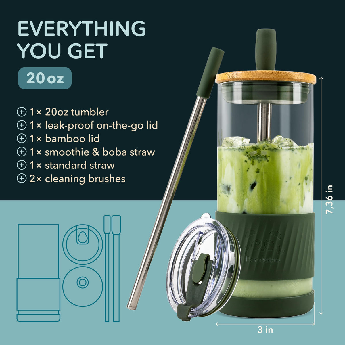 Pandaloo glass cups with leakproof lid for outdoor smoothies.