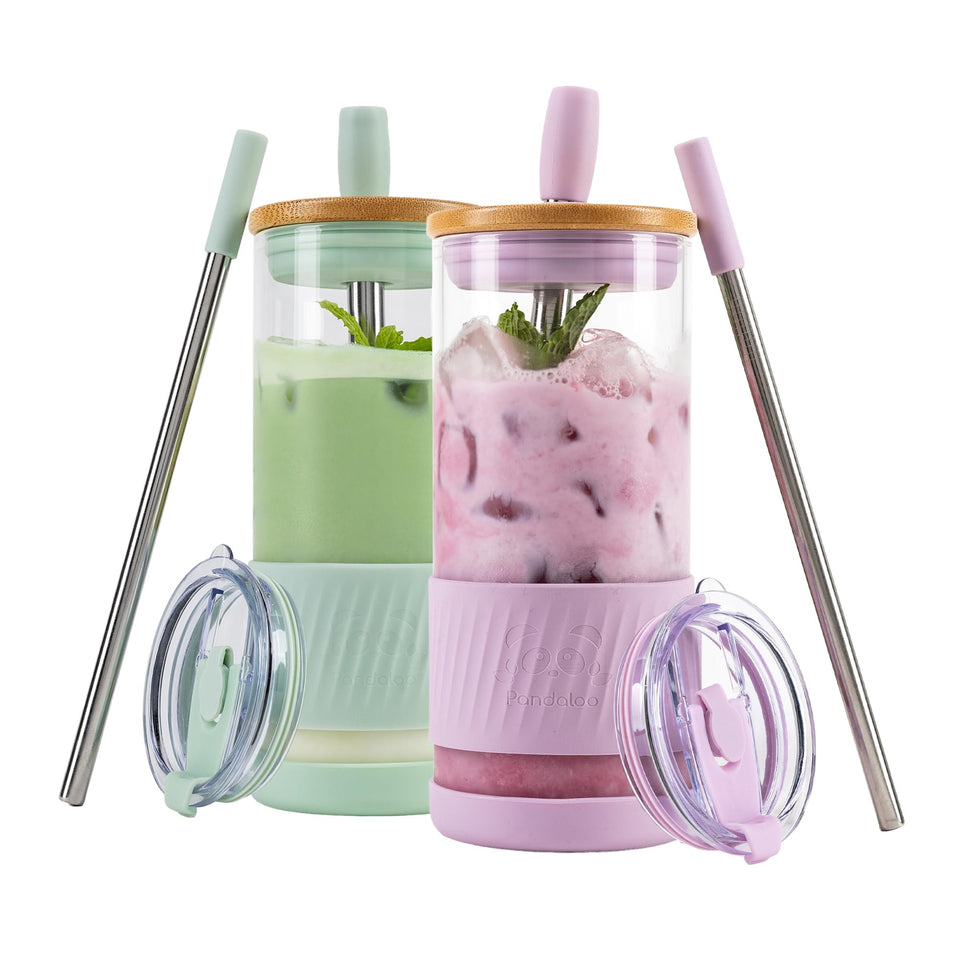 Pandaloo glass cups with bamboo lid for on the go style and eco friendly design
