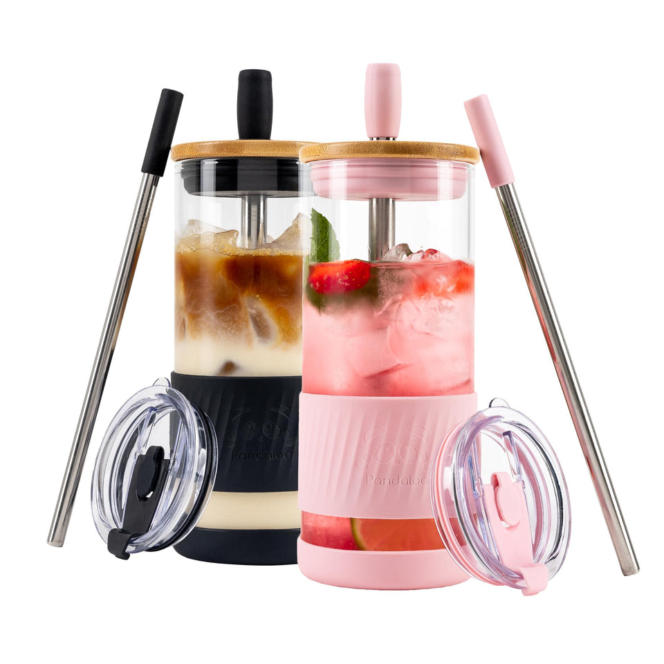 Pandaloo glass cups with lids and straws, front view, ideal for iced coffee on the go.