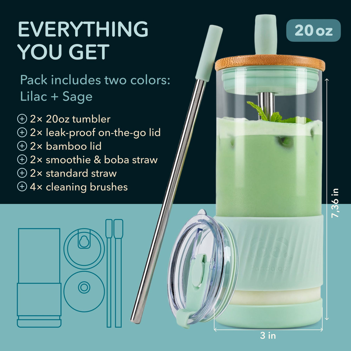 Pandaloo 20oz glass cups with leakproof lid for outdoor use and iced coffee