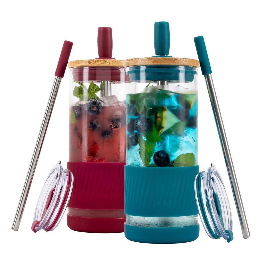 Pandaloo glass cups with lids and straws in boysenberry-teal, ideal for iced coffee at home.