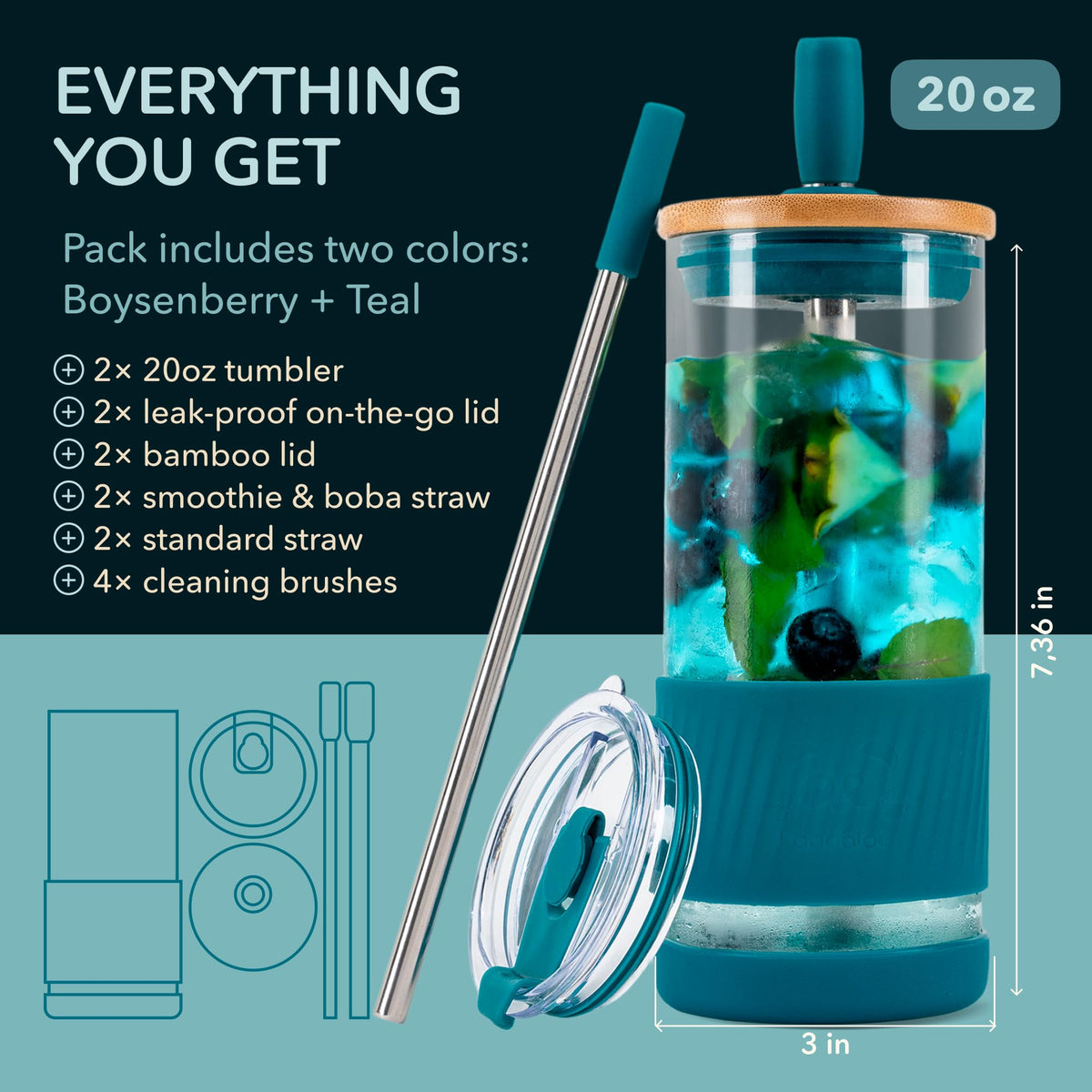 Pandaloo glass cups with dual lids and colorful design, ready for smoothies on the go.