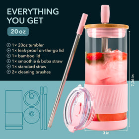 Pandaloo tender pink glass cup with bamboo lid close-up for indoor use