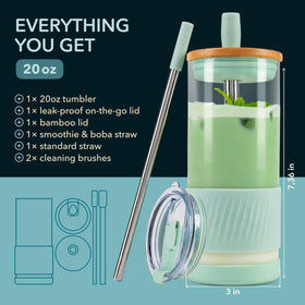 Pandaloo iced coffee glass cup with extra lid, 20 oz, on-the-go ready