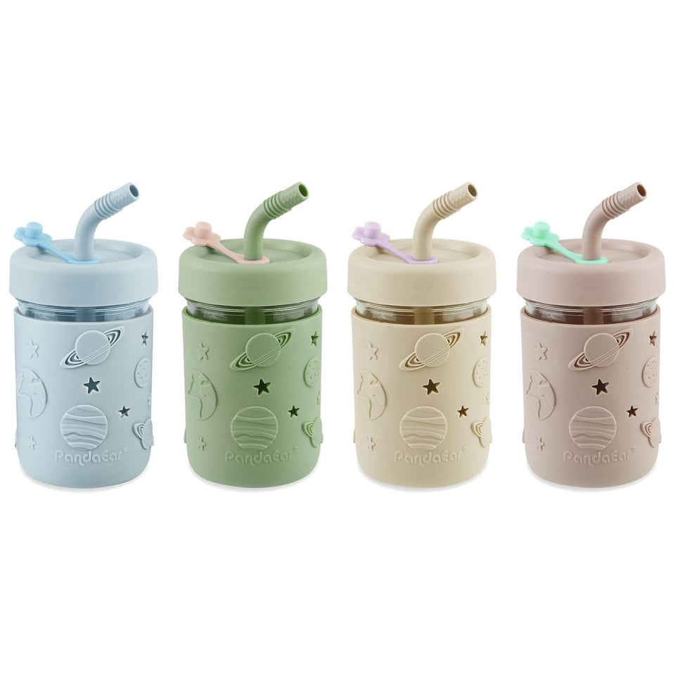 PandaEar kids glass mason jar cups with colorful silicone sleeves for easy grip