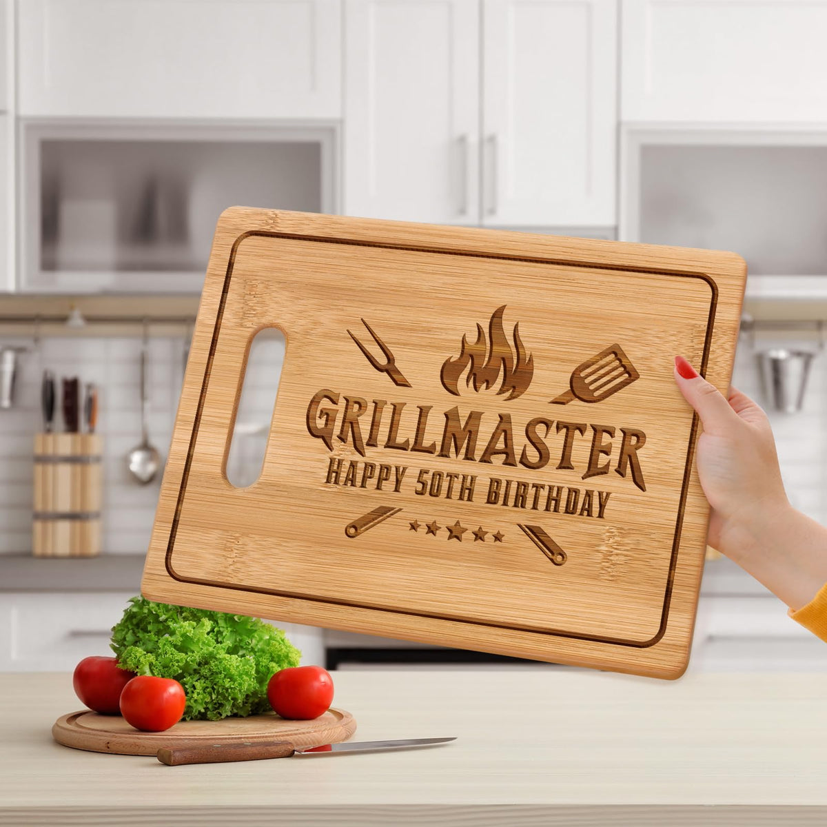 Pandasch ergonomic handle cutting board offers comfortable prep and easy handling.