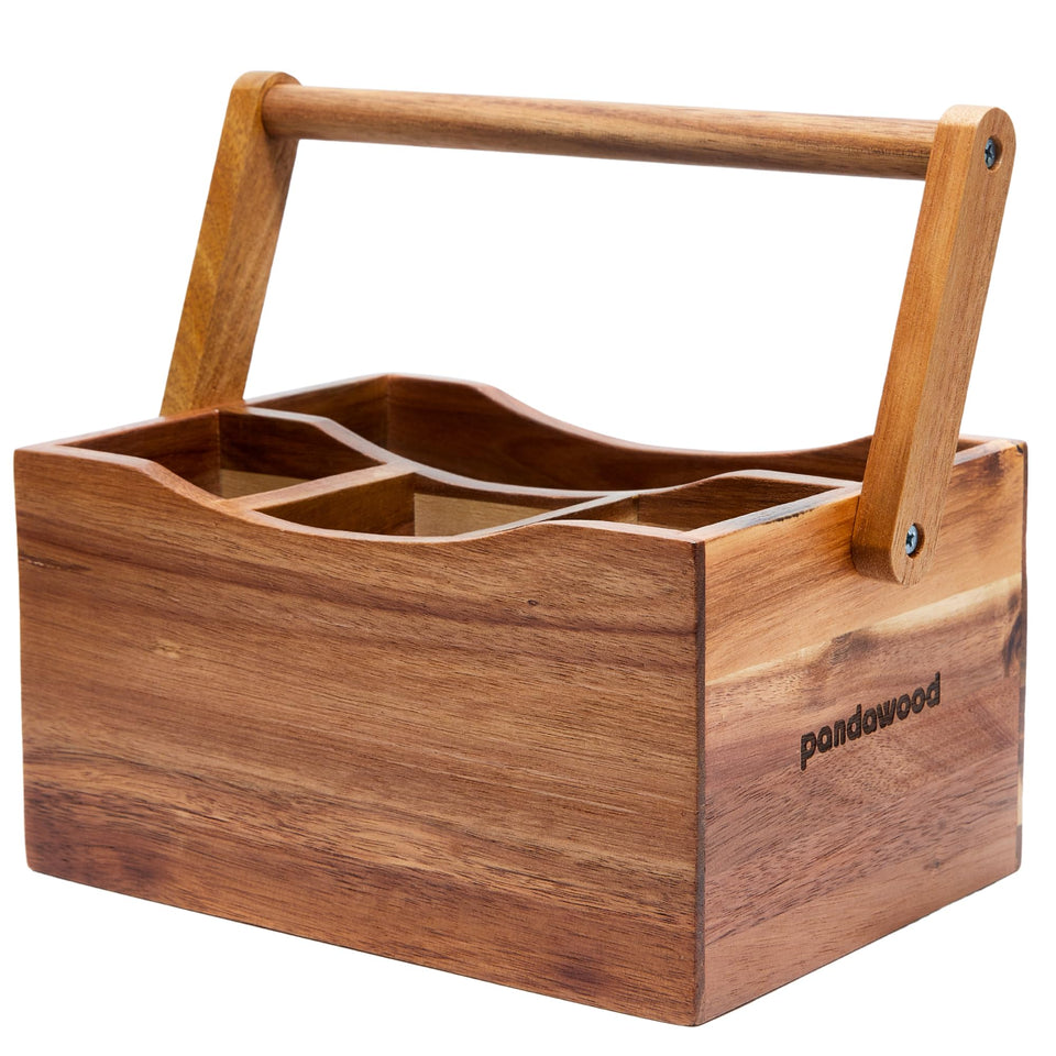 PandaWood Acacia Wood Utensil Caddy with four compartments for organized serving.