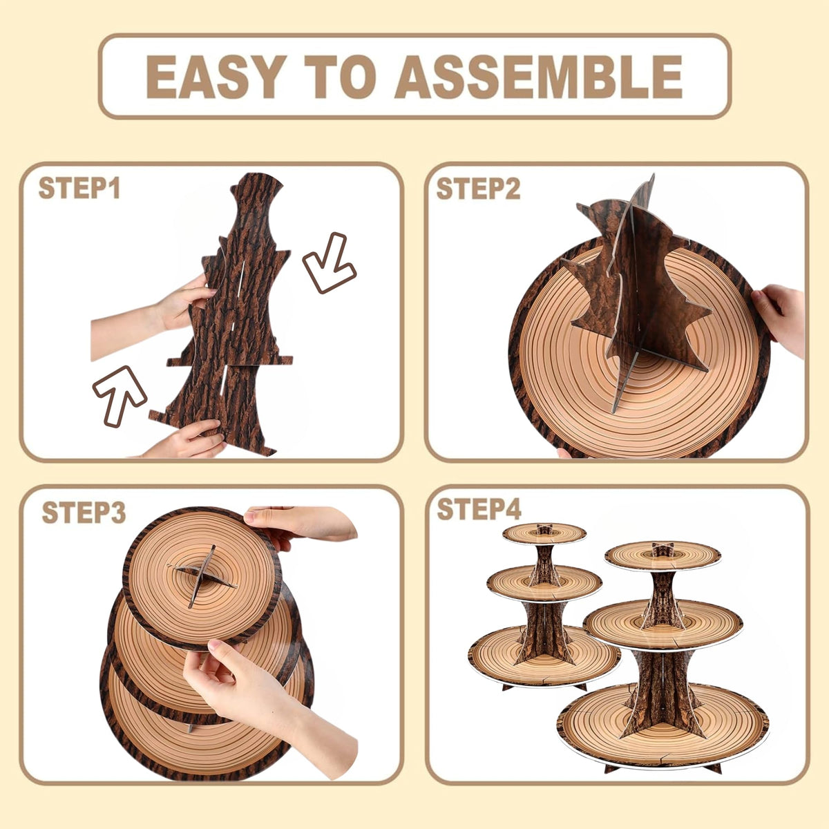 Pangu wood grain dessert tower displays cupcakes at woodland-themed parties