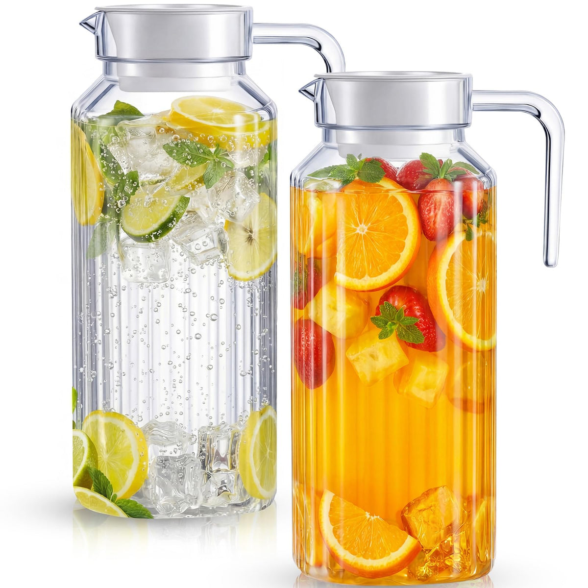 Panitay 2-pack clear acrylic pitchers with lids, ideal for ready-to-serve beverages.