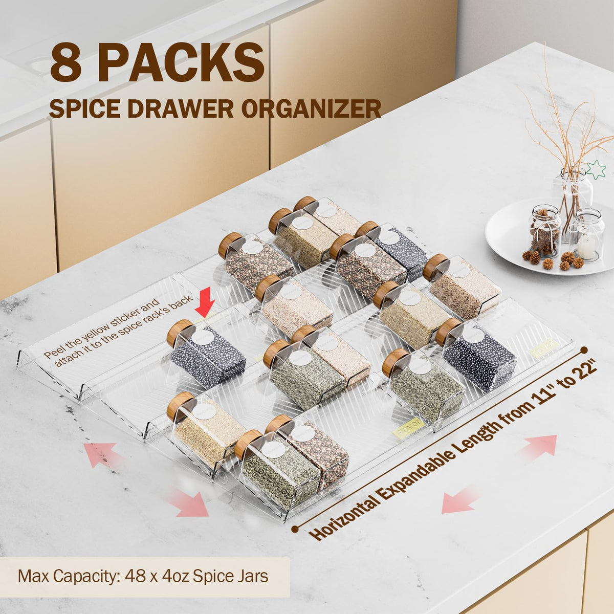 PanPanPal spice drawer organizer 2-tier setup keeps jars neatly organized and accessible.