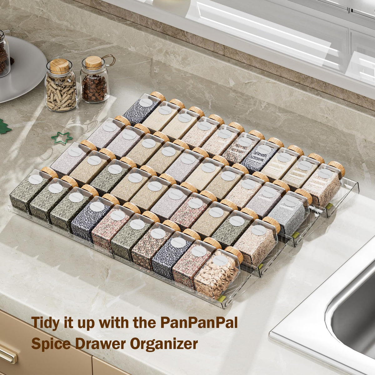PanPanPal spice drawer organizer 4-tier configuration fits more jars while saving space.