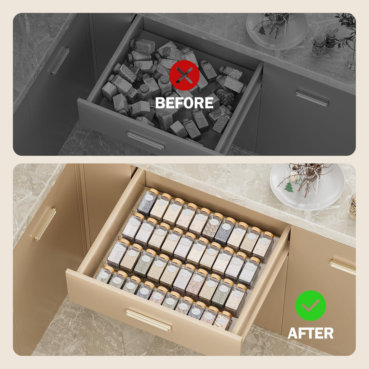 PanPanPal guard-rails secure round bottles to prevent slipping during drawer use.