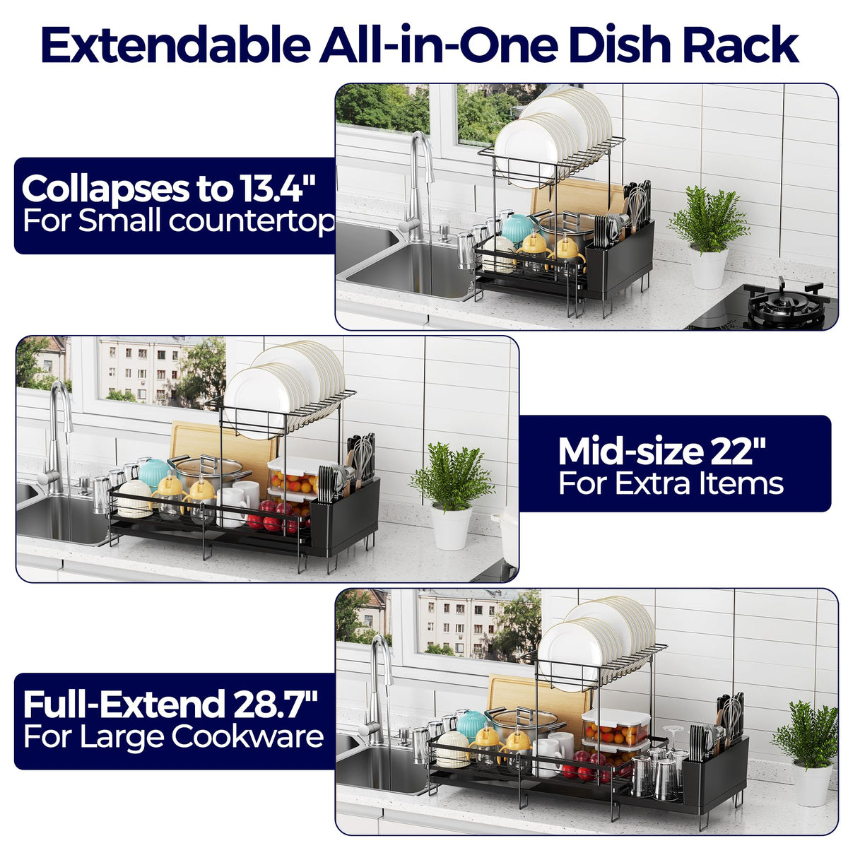 Pantasia dish rack expands to 22 inches for tighter kitchens.