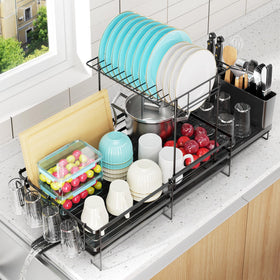 Pantasia large dish drying rack with 3-section design keeps counters organized.