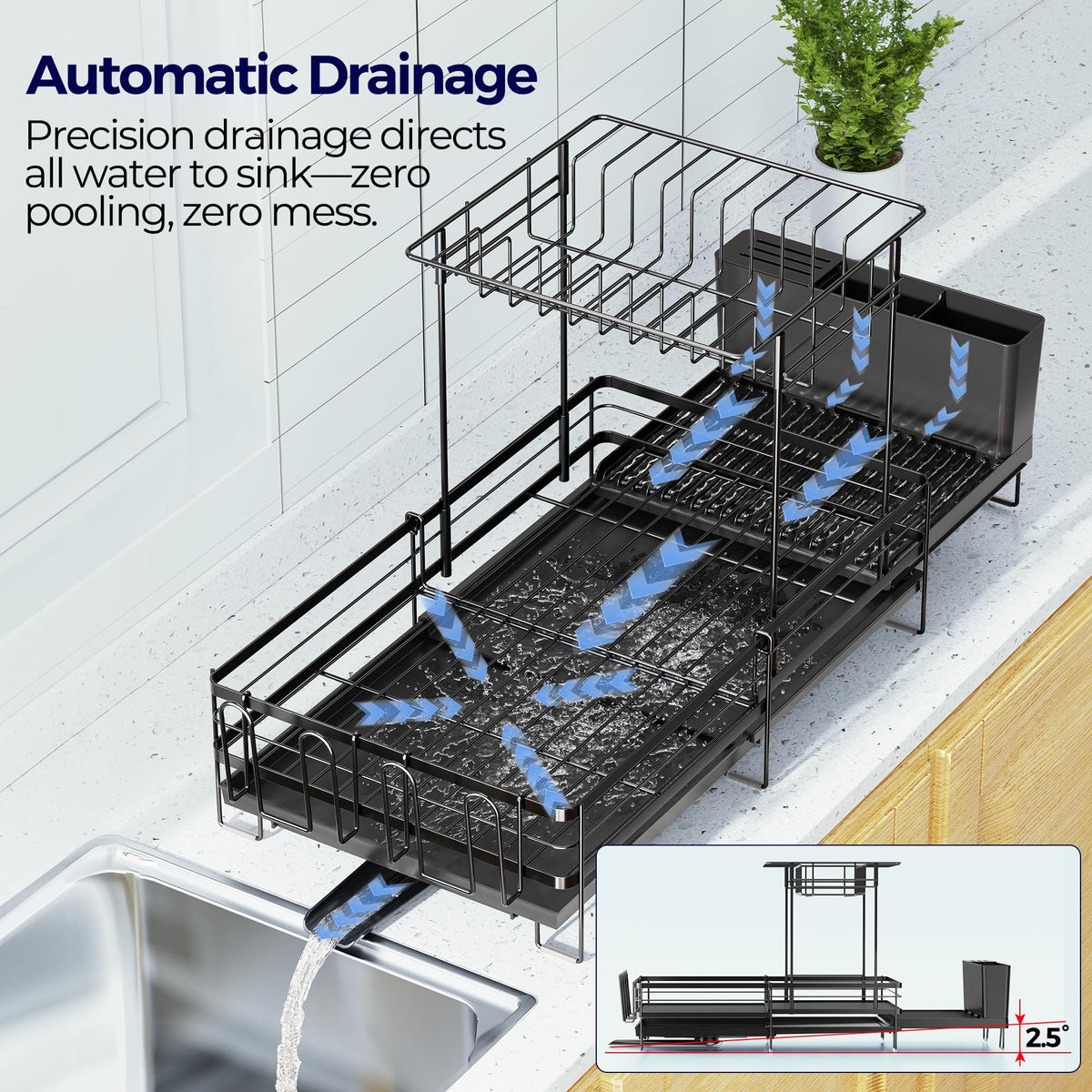 Pantasia drain tray directs water into the sink for a dry countertop.