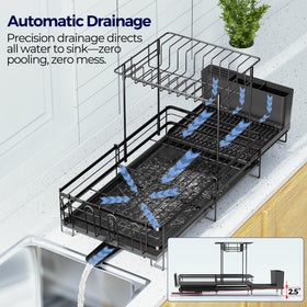 Pantasia drain tray directs water into the sink for a dry countertop.