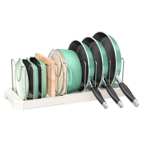Pantasia pots and pans organizer under cabinet keeps cookware within easy reach.