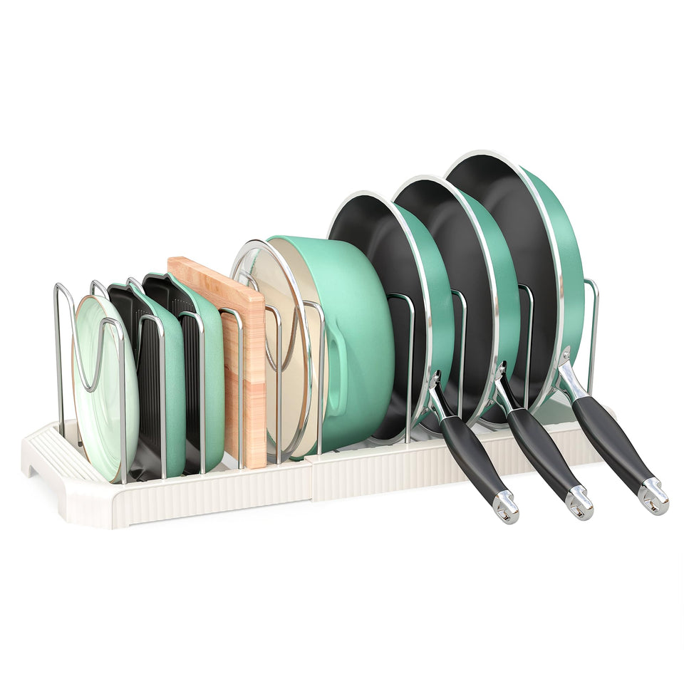 Pantasia pots and pans organizer under cabinet keeps cookware within easy reach.