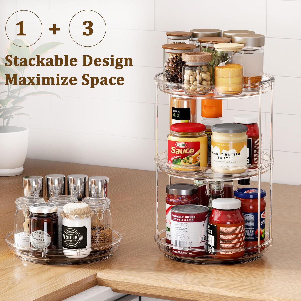 Pantasia rotating spice rack in pantry enabling quick ingredient retrieval.