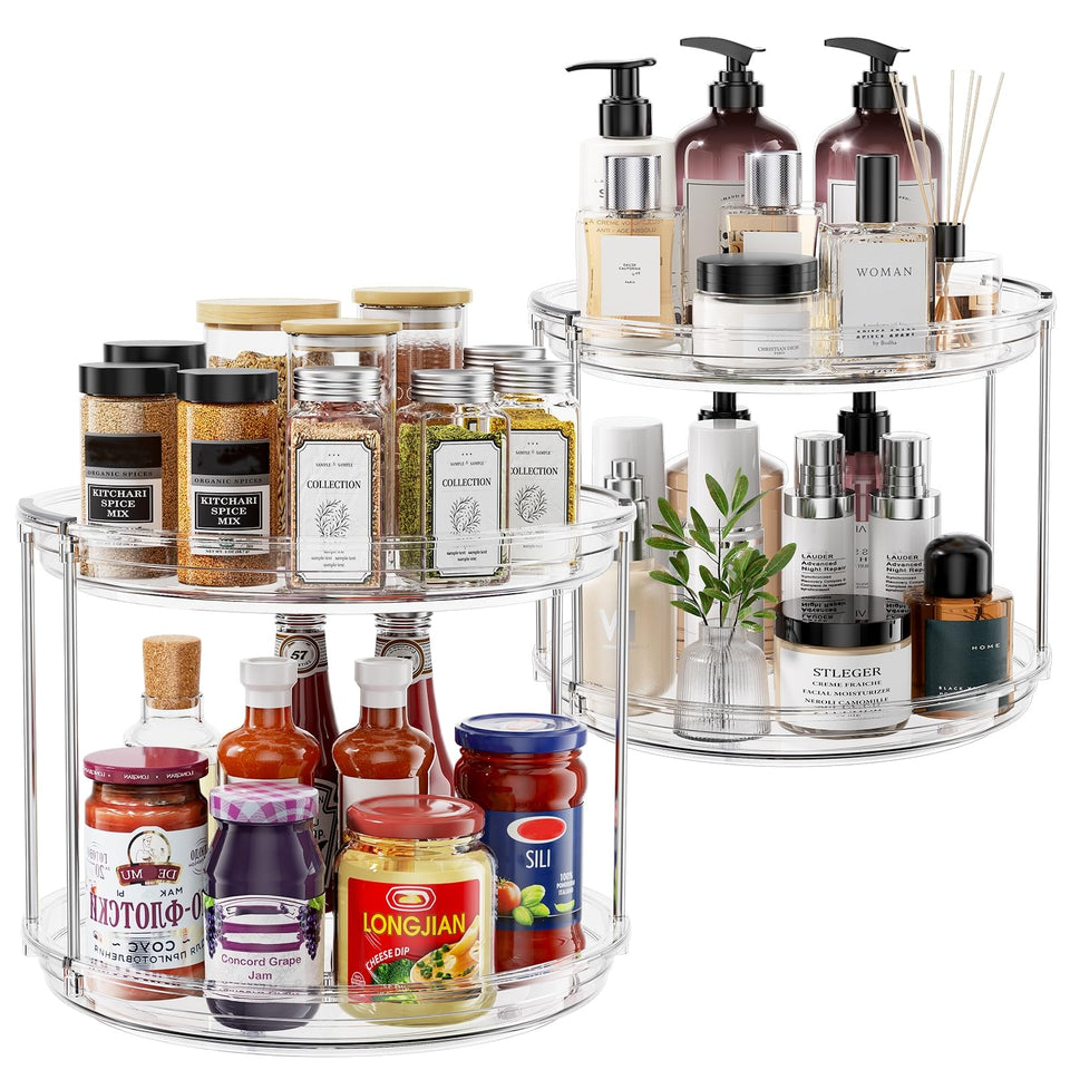 Pantasia two-tier lazy Susan top view demonstrating space-saving cabinet storage.