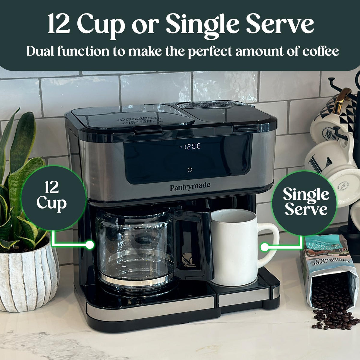 Pantrymade Dual Brew Coffee Maker single-serve pod brewing for quick cups.