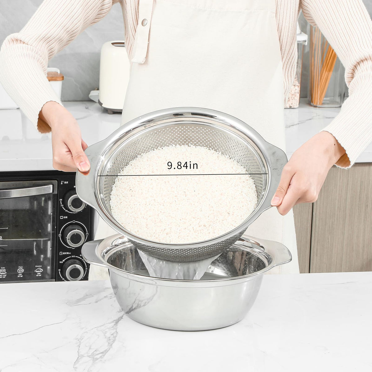 Paoli microporous colander with 2mm holes for efficient straining of grains.